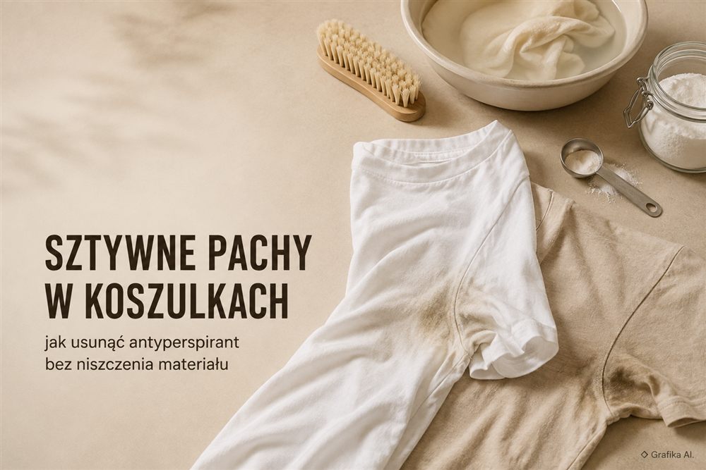 Sztywne i ciemniejsze pachy w koszulkach mimo prania – jak usunąć nagromadzony antyperspirant i detergent bez niszczenia materiału? — ilustracja AI