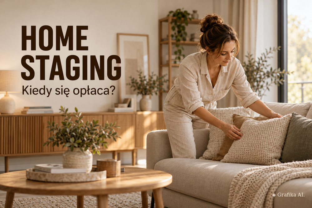 Kobieta przygotowująca jasny salon do sprzedaży – ilustracja AI o home stagingu.