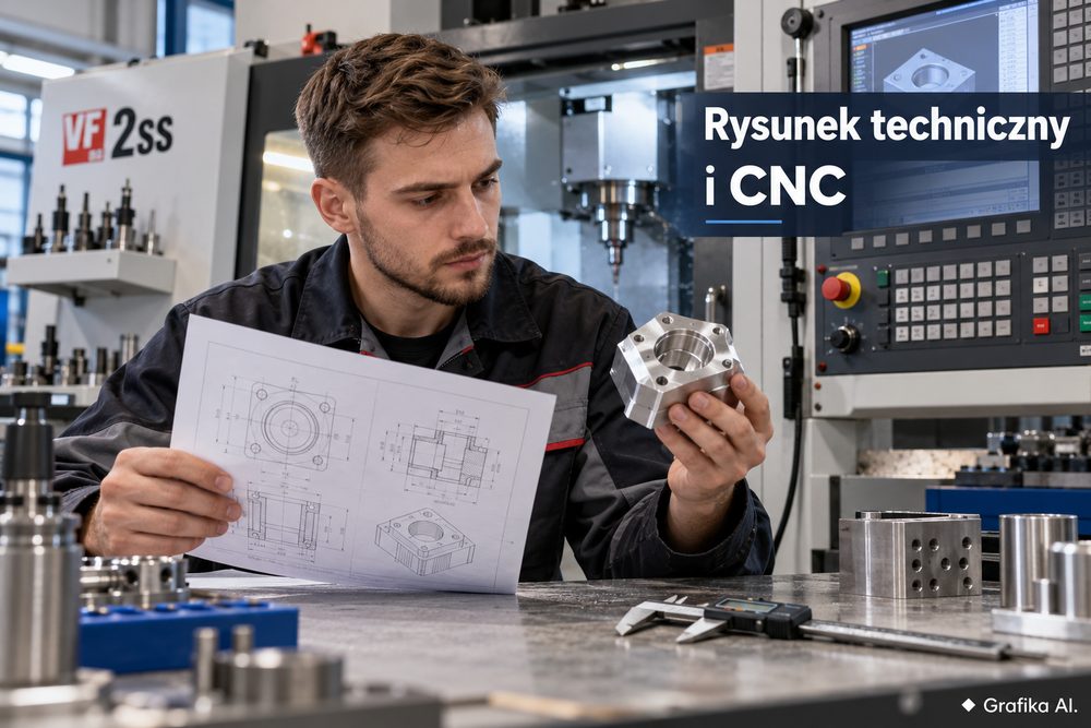 Operator CNC porównuje detal z rysunkiem technicznym